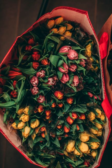 A large bouquet of fresh tulips featuring a mix of red, pink, yellow, and orange blooms, arranged with lush green leaves. The flowers are tightly packed and appear newly picked, with vibrant, petal-ri