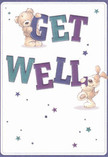 The scene radiates joyful comfort-an illustrated teddy bear and floppy-eared puppy playfully balance and hold the bold 'Get Well' lettering, each character brimming with warmth. The typography's shades of indigo and teal sing out against a gentle cream backdrop, while whimsical blue and purple stars sparkle above, creating a hopeful, uplifting mood. The tender, textured fur of both animals looks as soft and inviting as a hand-tied posy carried home from a Finsbury Park flower stall. There's a sense of embrace and lightness here, as if the card itself carries a hug for someone in need. This image brings together the innocence that shines in community spaces-from local gardens to the high street florists of the Finsbury Park area. Designed with genuine care and a subtle nod to the nurturing traditions of the neighbourhood, this get well card offers more than just words; it offers a moment of kindness and heartfelt support, reminiscent of a bouquet hand-delivered by someone who truly understands the area's spirit.