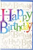 This birthday card design feels like a mini celebration on paper, with a central Happy Birthday statement that leaps forward in a cascade of colour. The letters are big and friendly, each one infused with a blending spectrum that travels from rich reds and warm oranges through bright yellows and verdant greens, into cool blues and violets. The gradient is soft and fluid, giving the sense that the colours are gently flowing into each other, much like the way shades mingle in a hand-tied bouquet from a local Finsbury Park florist. Set behind this bold rainbow phrase is a soft veil of cursive text in glimmering gold, repeating the line Happy Birthday to you again and again in neat, looping rows. The calligraphy is fine and graceful, its metallic tone catching the light with a subtle sheen, reminiscent of string lights glowing along nearby streets like Blackstock Road or around the park's café area on a festive evening. This background script doesn't compete with the main message; instead, it wraps it in a warm, celebratory murmur, as though a roomful of friends were singing quietly in unison. Tucked between the words, tiny specks and delicate star shapes add an almost confetti-like accent. The card's smooth, glossy surface hints at a quality feel, inviting touch as much as sight. Altogether, the design communicates pure birthday joy-vibrant, modern, and heartfelt-perfect for accompanying a colourful arrangement delivered for a special celebration in one of the homes surrounding Finsbury Park.